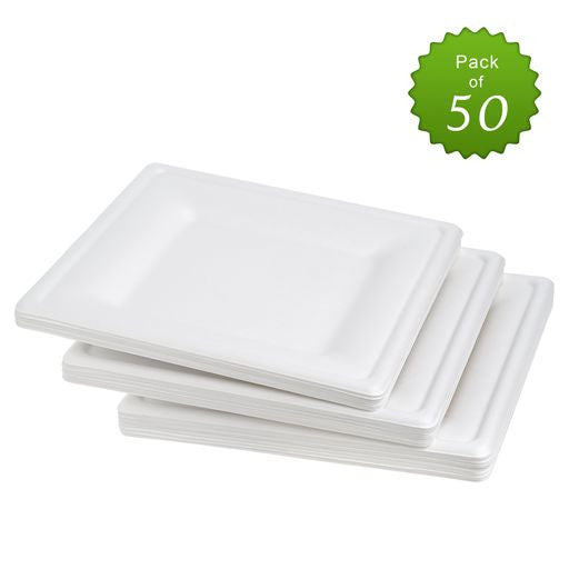 50 Pack 10" Square Bagasse White Disposable Plates/Trays - Decodine