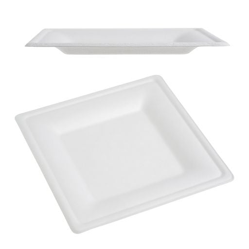 50 Pack 10" Square Bagasse White Disposable Plates/Trays - Decodine