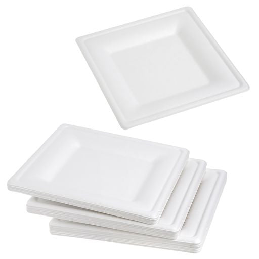 50 Pack 10" Square Bagasse White Disposable Plates/Trays - Decodine