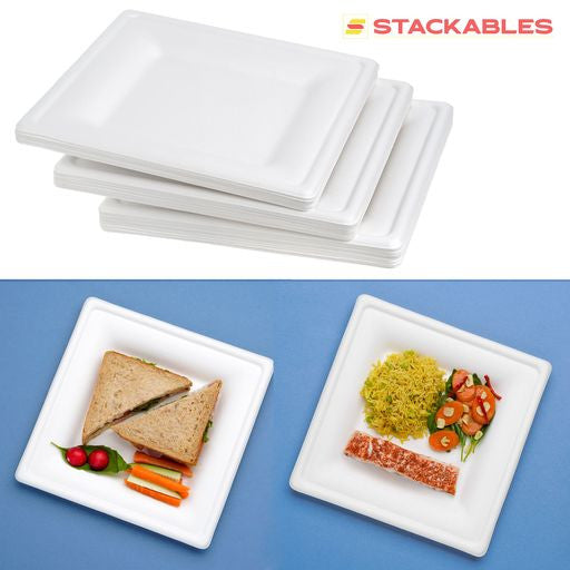 50 Pack 10" Square Bagasse White Disposable Plates/Trays - Decodine