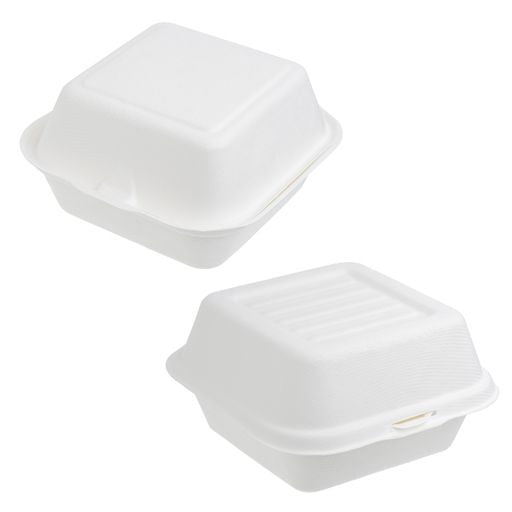 50 Pack 6" x 6" Burger Clamshell Hinged Bagasse Containers - Decodine