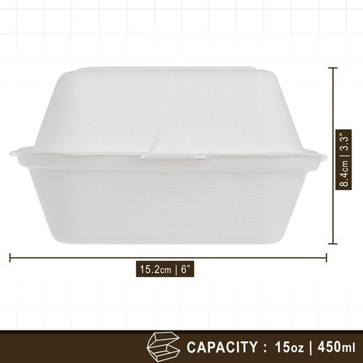 50 Pack 6" x 6" Burger Clamshell Hinged Bagasse Containers - Decodine