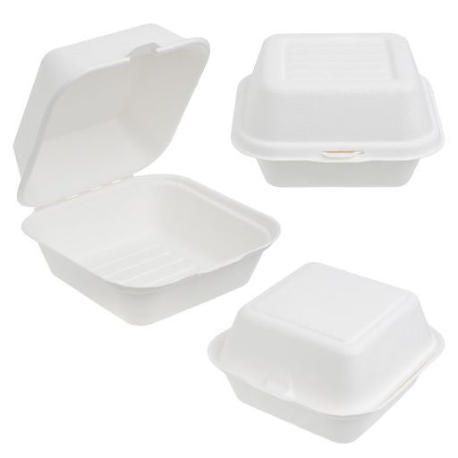 50 Pack 6" x 6" Burger Clamshell Hinged Bagasse Containers - Decodine