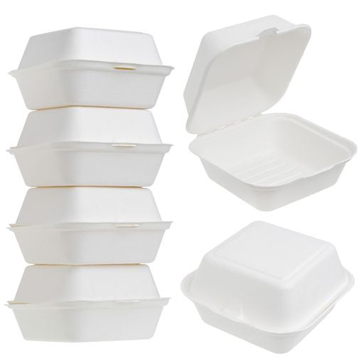 50 Pack 6" x 6" Burger Clamshell Hinged Bagasse Containers - Decodine