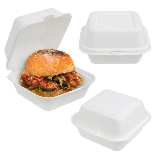50 Pack 6" x 6" Burger Clamshell Hinged Bagasse Containers - Decodine