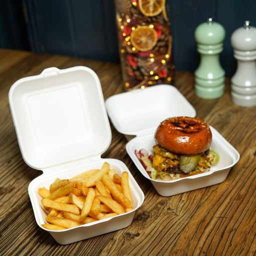 50 Pack 6" x 6" Burger Clamshell Hinged Bagasse Containers - Decodine