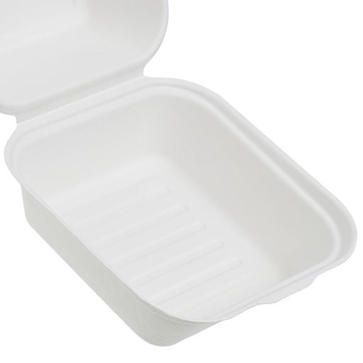 50 Pack 6" x 6" Burger Clamshell Hinged Bagasse Containers - Decodine