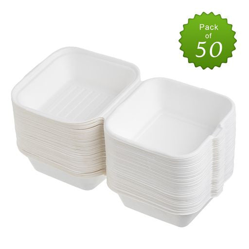 50 Pack 6" x 6" Burger Clamshell Hinged Bagasse Containers - Decodine
