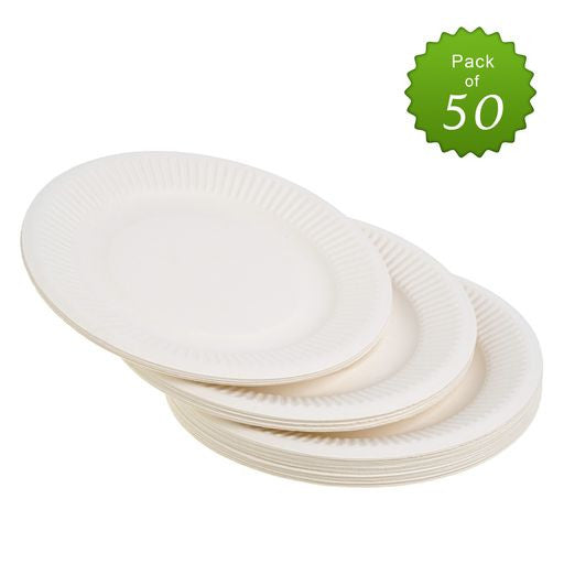 50 Pack 7" Round Disposable Bagasse Plates - Decodine