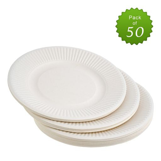 50 Pack 8" Round Disposable Bagasse Plates - Decodine