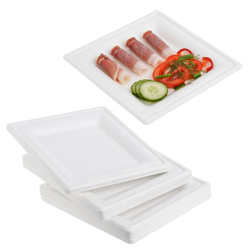 50 Pack 8" Square Bagasse Disposable White Plates - Decodine