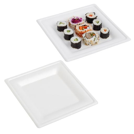 50 Pack 8" Square Bagasse Disposable White Plates - Decodine