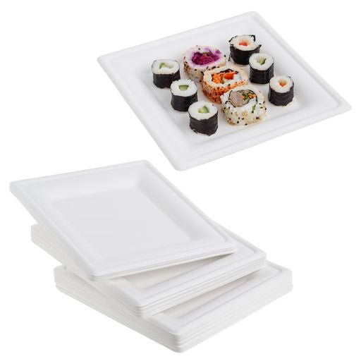 50 Pack 8" Square Bagasse Disposable White Plates - Decodine