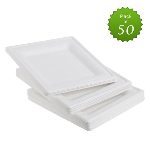 50 Pack 8" Square Bagasse Disposable White Plates - Decodine