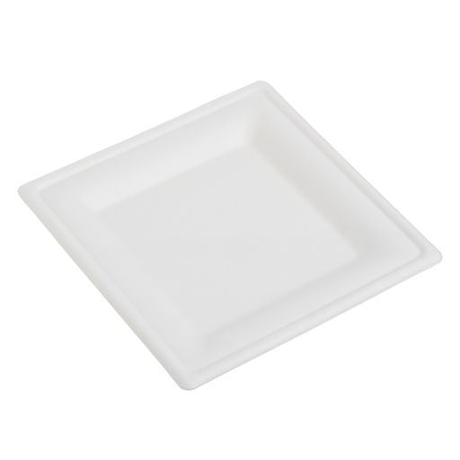 50 Pack 8" Square Bagasse Disposable White Plates - Decodine