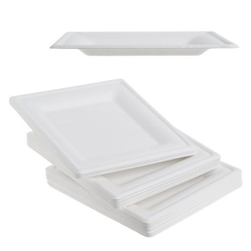 50 Pack 8" Square Bagasse Disposable White Plates - Decodine
