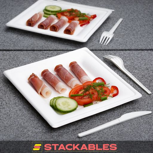 50 Pack 8" Square Bagasse Disposable White Plates - Decodine