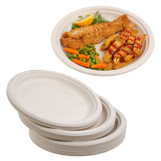 50 Pack Natural Colored Biodegradable Bagasse 10 inch Disposable Dinner Plates - Decodine