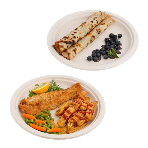 50 Pack Natural Colored Biodegradable Bagasse 10 inch Disposable Dinner Plates - Decodine