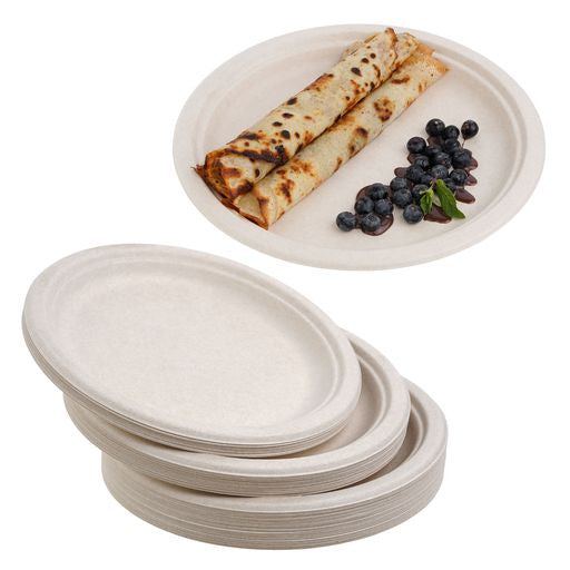 50 Pack Natural Colored Biodegradable Bagasse 10 inch Disposable Dinner Plates - Decodine