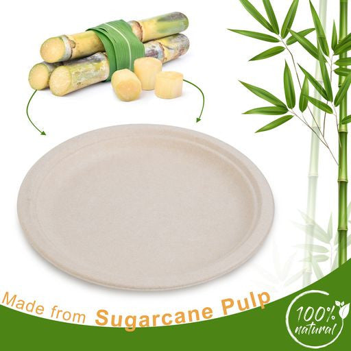 50 Pack Natural Colored Biodegradable Bagasse 10 inch Disposable Dinner Plates - Decodine