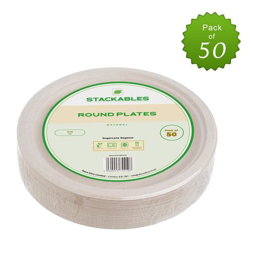 50 Pack Natural Colored Biodegradable Bagasse 10 inch Disposable Dinner Plates - Decodine