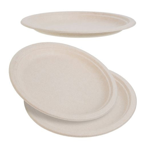 50 Pack Natural Colored Biodegradable Bagasse 10 inch Disposable Dinner Plates - Decodine