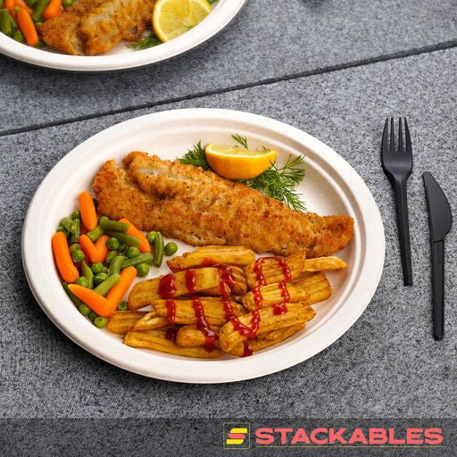 50 Pack Natural Colored Biodegradable Bagasse 10 inch Disposable Dinner Plates - Decodine