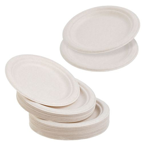 50 Pack Natural Colored Biodegradable Bagasse 7 inch Disposable Dinner Plates - Decodine