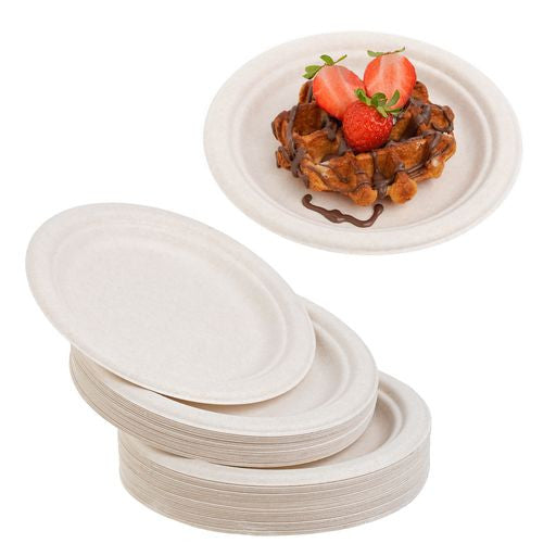 50 Pack Natural Colored Biodegradable Bagasse 7 inch Disposable Dinner Plates - Decodine