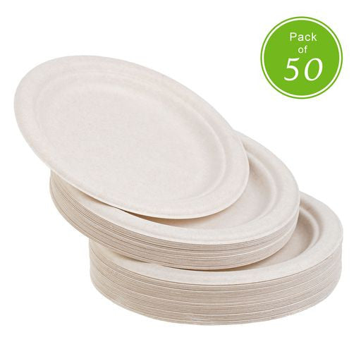 50 Pack Natural Colored Biodegradable Bagasse 7 inch Disposable Dinner Plates - Decodine