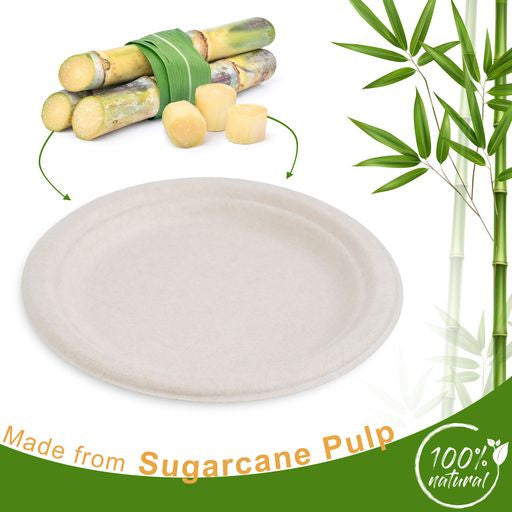 50 Pack Natural Colored Biodegradable Bagasse 7 inch Disposable Dinner Plates - Decodine