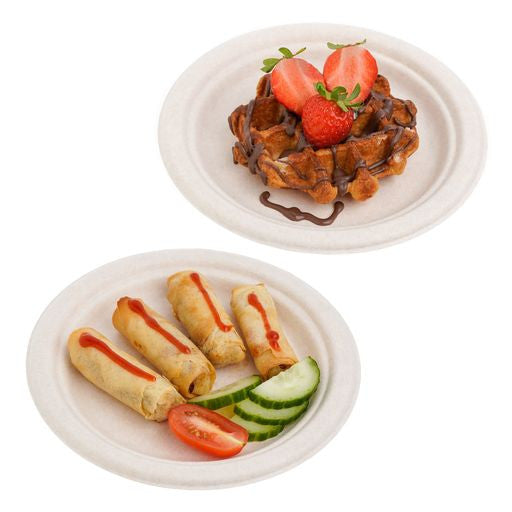 50 Pack Natural Colored Biodegradable Bagasse 7 inch Disposable Dinner Plates - Decodine