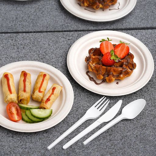 50 Pack Natural Colored Biodegradable Bagasse 7 inch Disposable Dinner Plates - Decodine