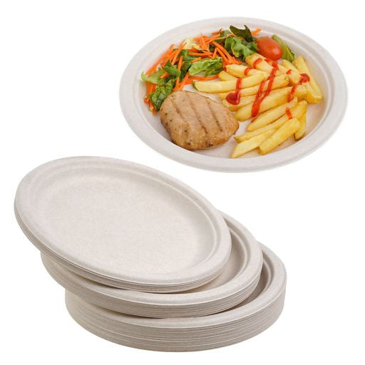 50 Pack Natural Colored Biodegradable Bagasse 9 inch Disposable Dinner Plates - Decodine