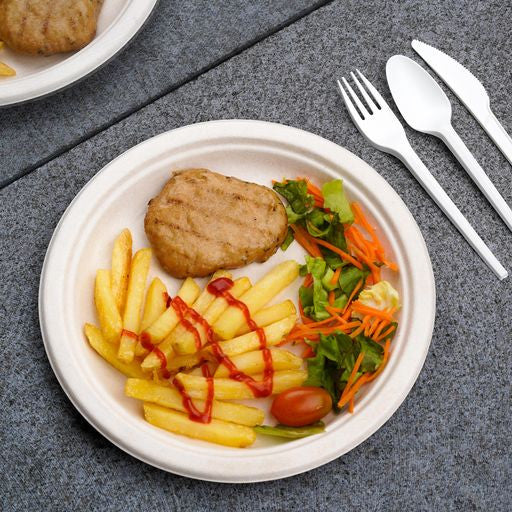 50 Pack Natural Colored Biodegradable Bagasse 9 inch Disposable Dinner Plates - Decodine