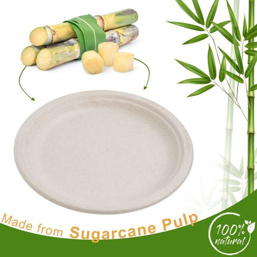 50 Pack Natural Colored Biodegradable Bagasse 9 inch Disposable Dinner Plates - Decodine