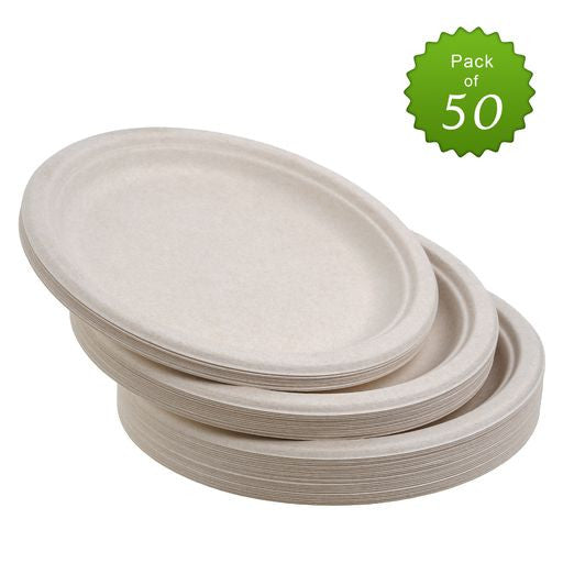 50 Pack Natural Colored Biodegradable Bagasse 9 inch Disposable Dinner Plates - Decodine