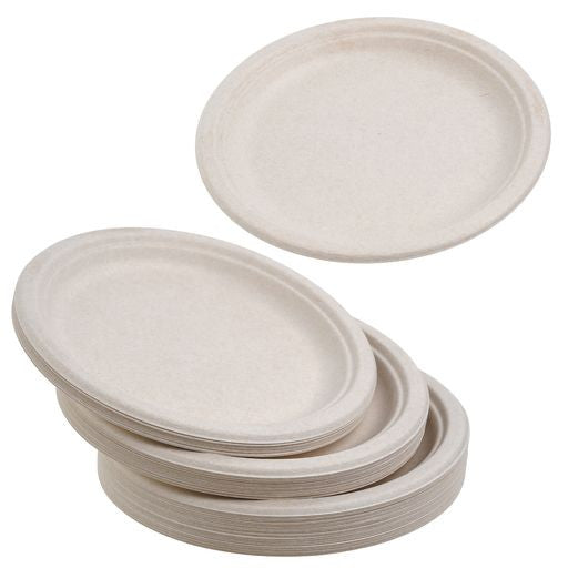 50 Pack Natural Colored Biodegradable Bagasse 9 inch Disposable Dinner Plates - Decodine