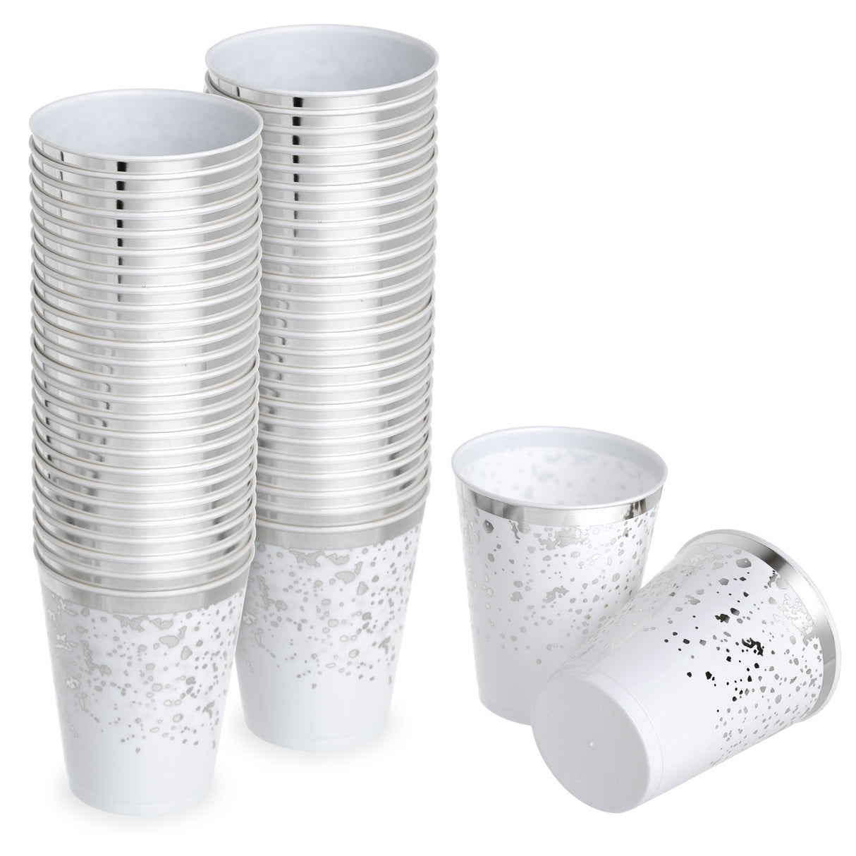 50 Pack Premium Lightweight Hard Plastic Party Cup - White with Silver Rim and Dots - 8oz - Decodine