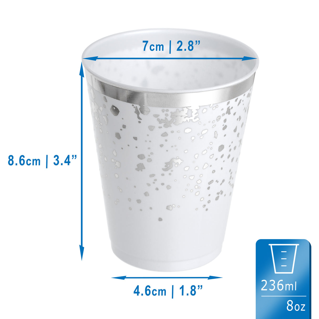 50 Pack Premium Lightweight Hard Plastic Party Cup - White with Silver Rim and Dots - 8oz - Decodine