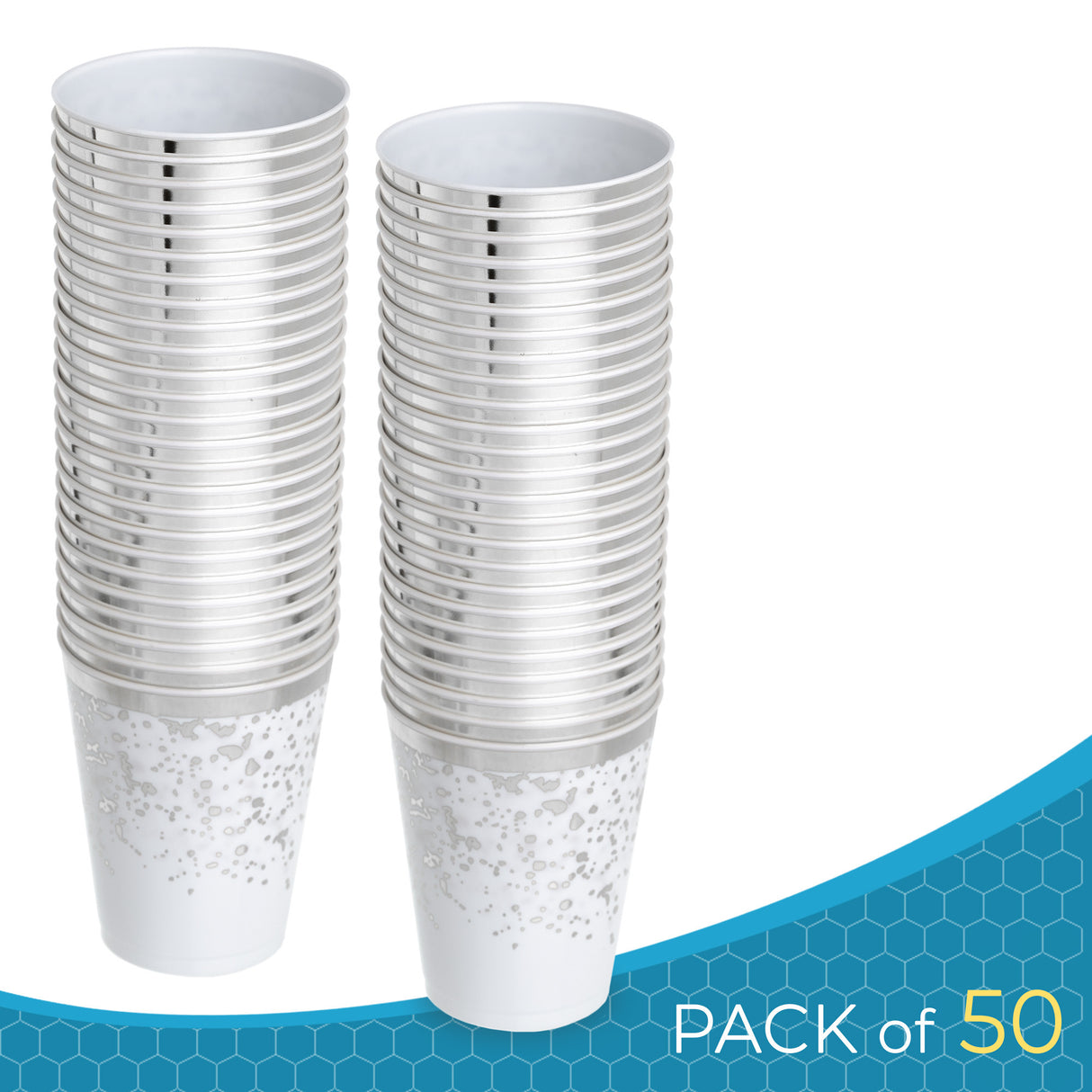 50 Pack Premium Lightweight Hard Plastic Party Cup - White with Silver Rim and Dots - 8oz - Decodine