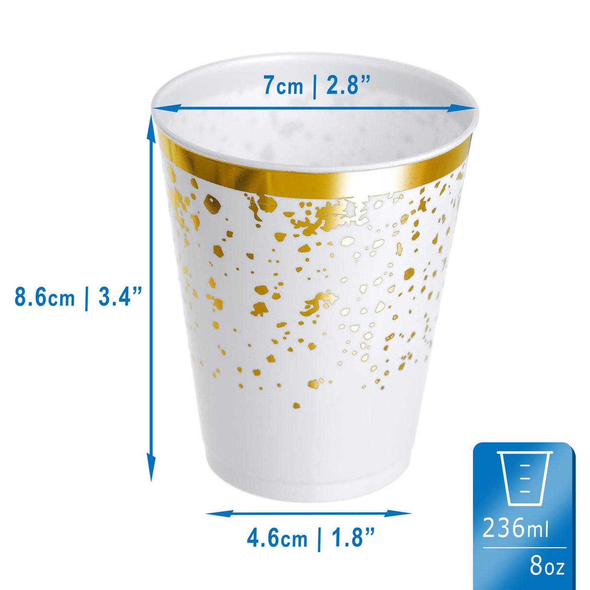 50 Pack Premium Lightweight Hard Plastic Party Cup - White with Gold Rim and Dots - 8oz - Decodine