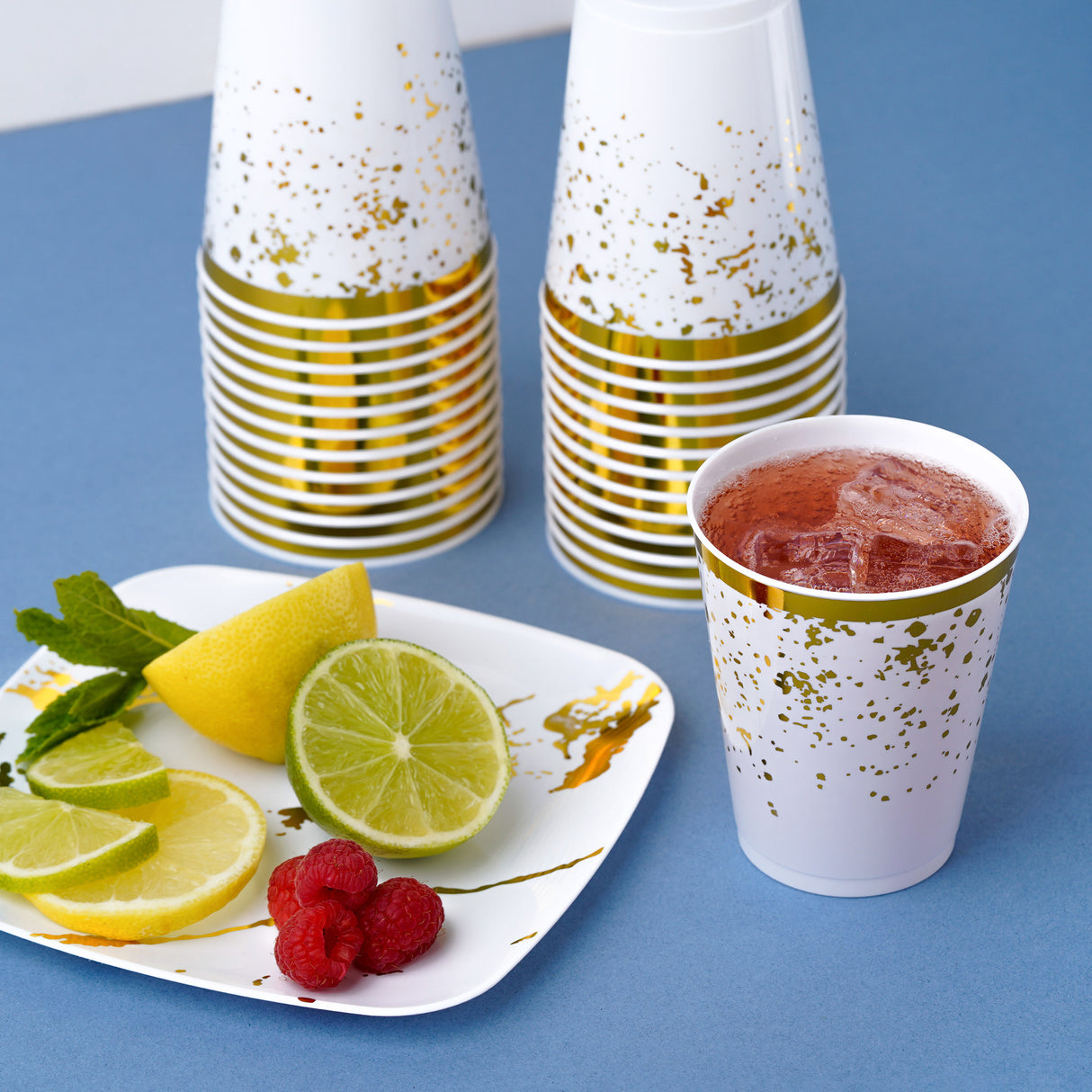 50 Pack Premium Lightweight Hard Plastic Party Cup - White with Gold Rim and Dots - 8oz - Decodine