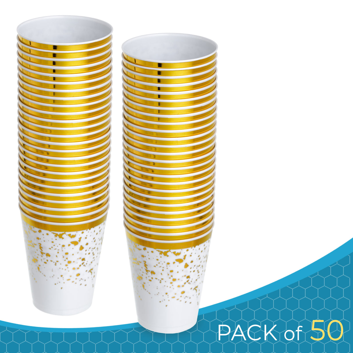 50 Pack Premium Lightweight Hard Plastic Party Cup - White with Gold Rim and Dots - 8oz - Decodine