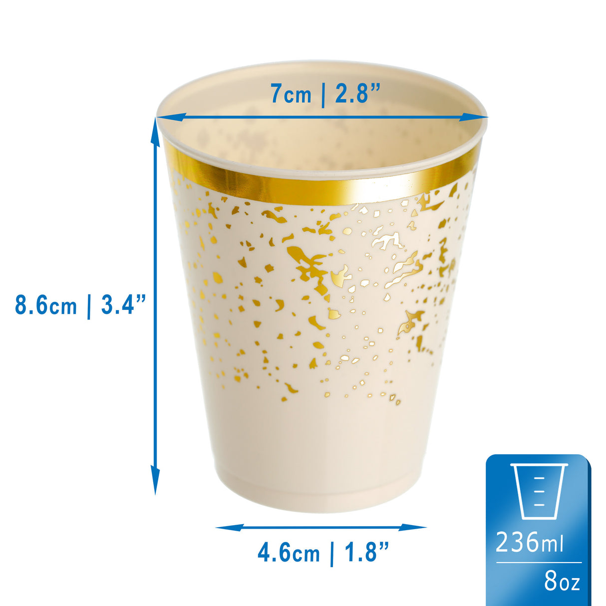 50 Pack Premium Lightweight Hard Plastic Party Cup - Cream Ivory with Gold Rim and Dots - 8oz - Decodine