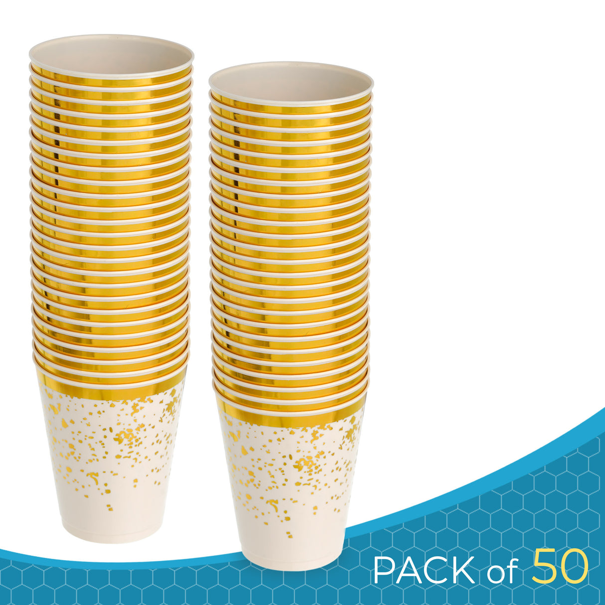 50 Pack Premium Lightweight Hard Plastic Party Cup - Cream Ivory with Gold Rim and Dots - 8oz - Decodine