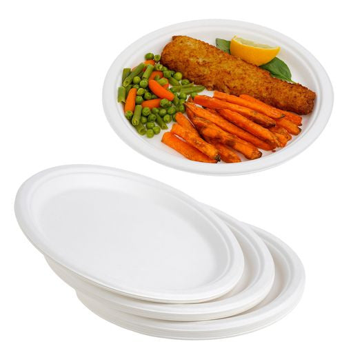 50 Pack White Biodegradable Bagasse 10 inch Disposable Dinner Plates - Decodine