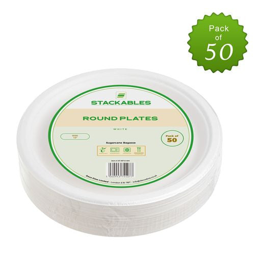 50 Pack White Biodegradable Bagasse 10 inch Disposable Dinner Plates - Decodine