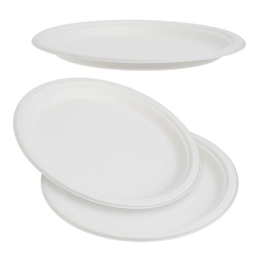 50 Pack White Biodegradable Bagasse 10 inch Disposable Dinner Plates - Decodine